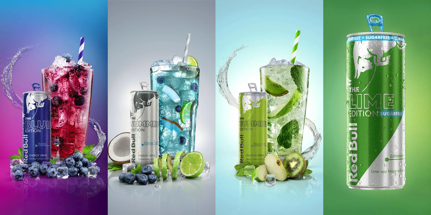 Render publicitario de latas y vasos con salpicaduras, hielo y frutas