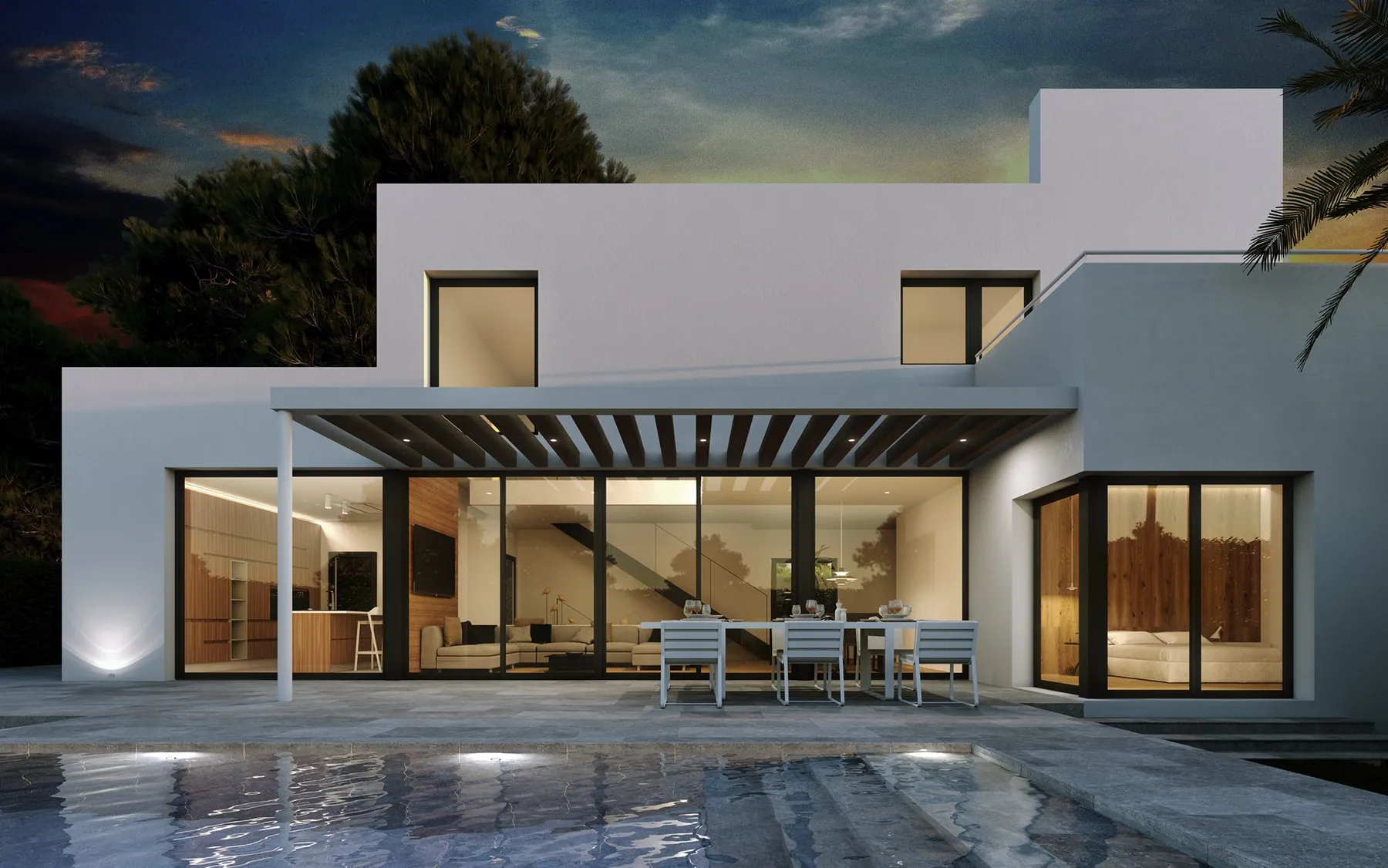 Render de vivienda blanca con porche y piscina al atardecer
