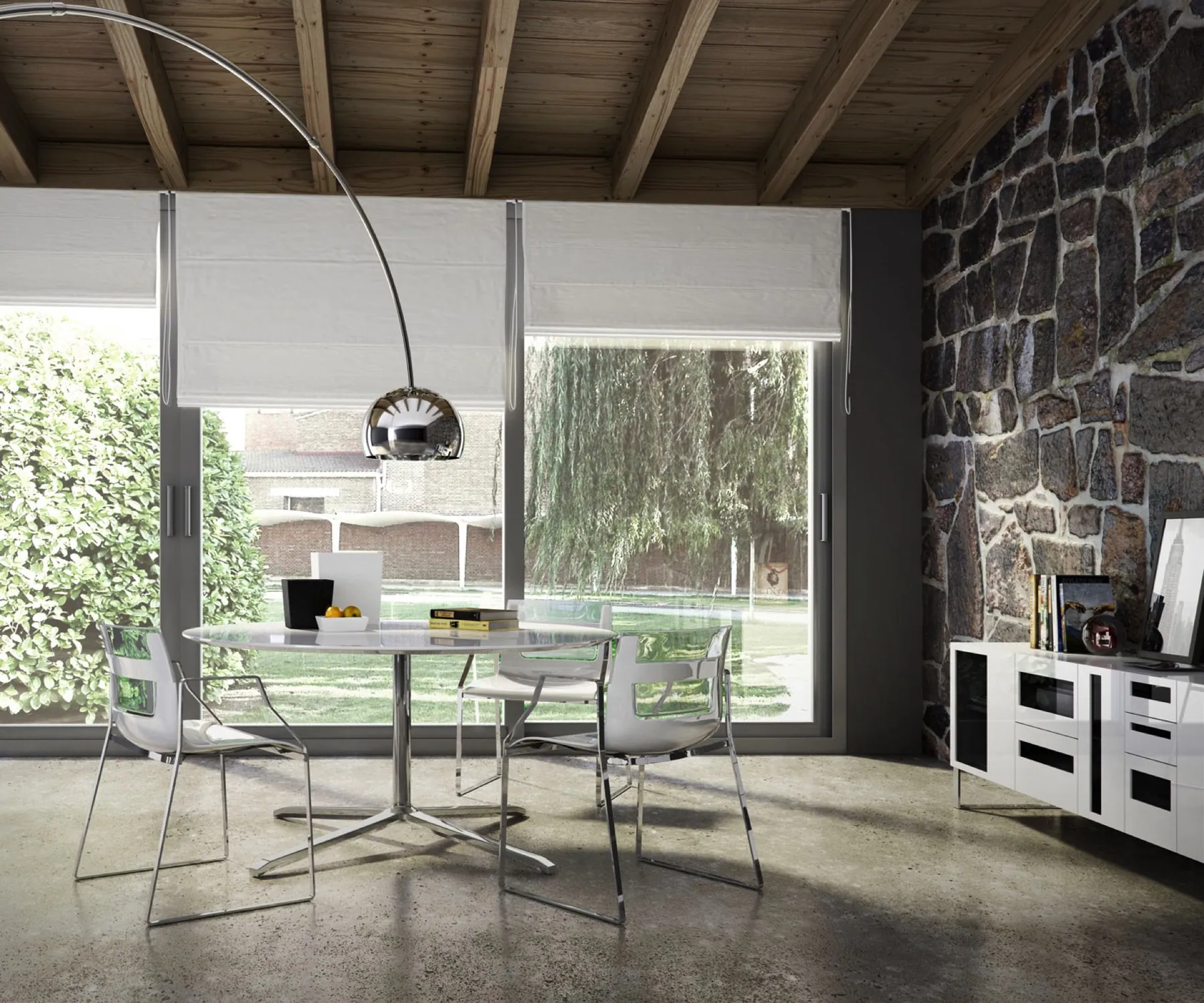 Render de terraza con comedor exterior y muro de piedra