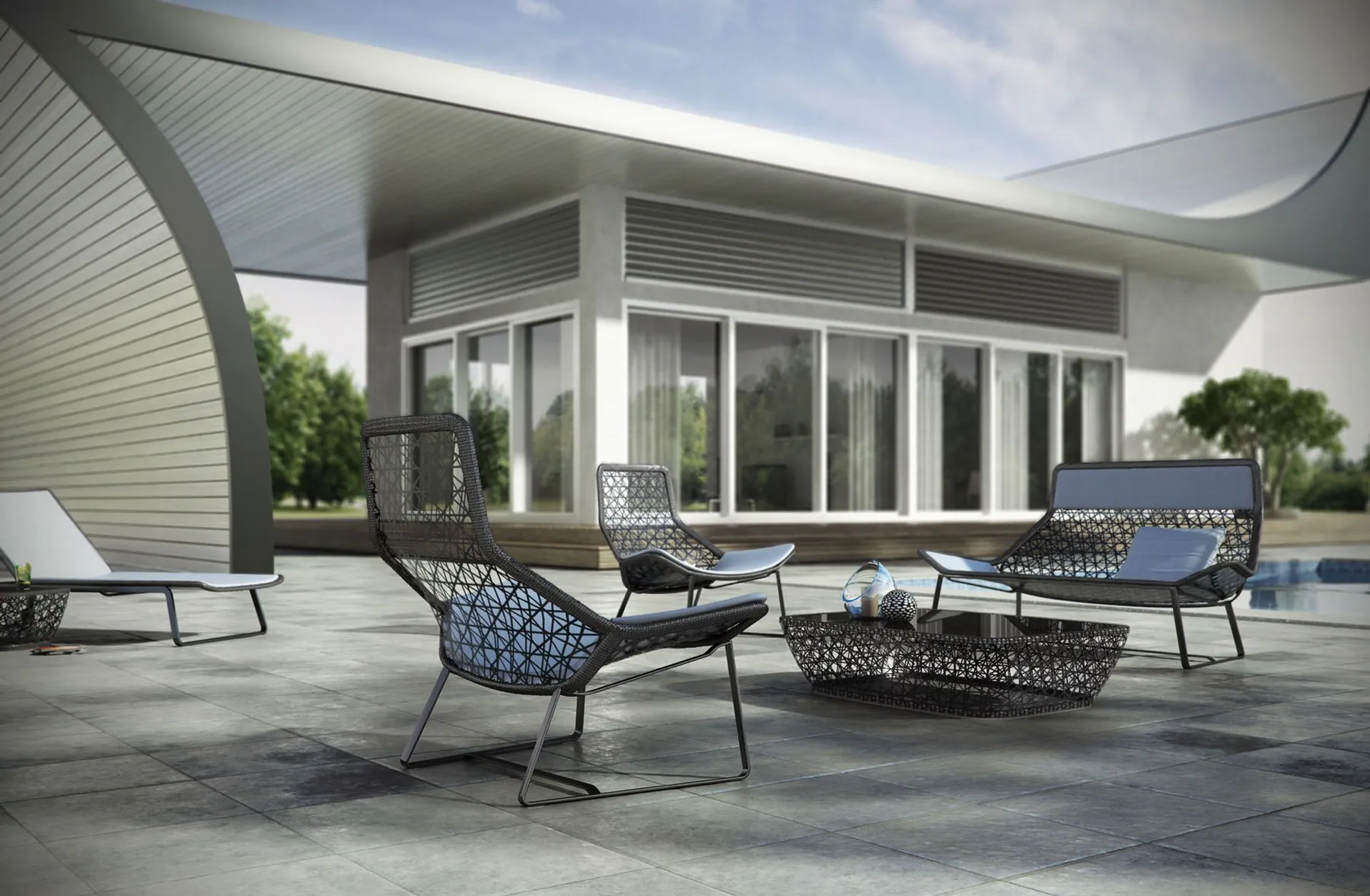 Render de terraza con sillones bajo marquesina
