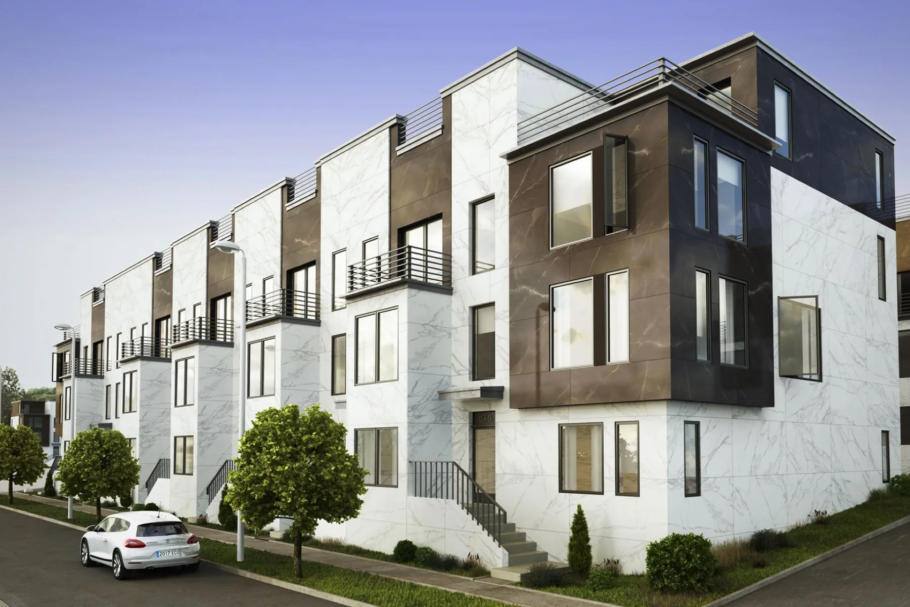Render de viviendas adosadas blancas con detalles de madera
