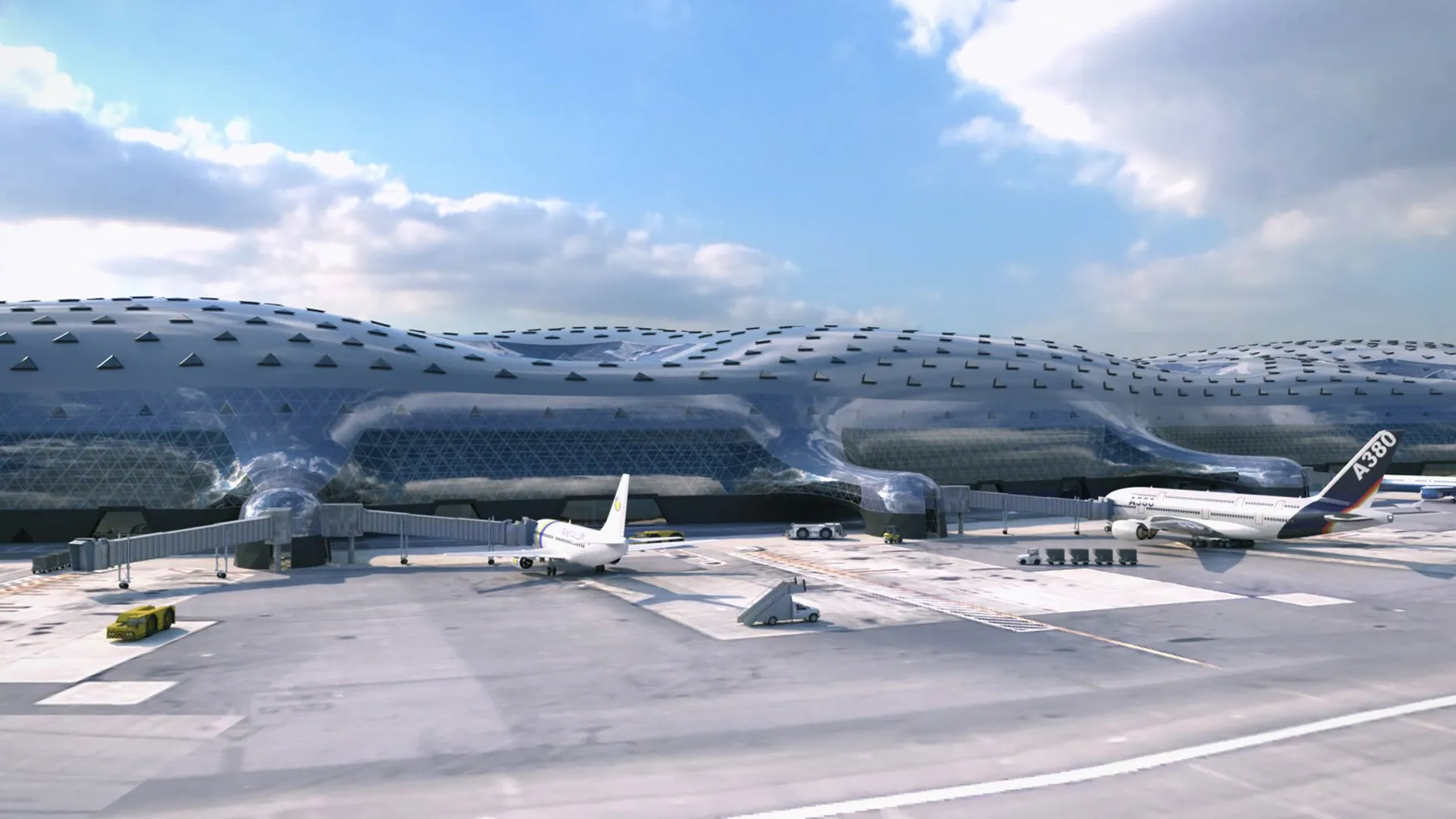 Render de la terminal del aeropuerto de Ciudad de México con aviones en pista