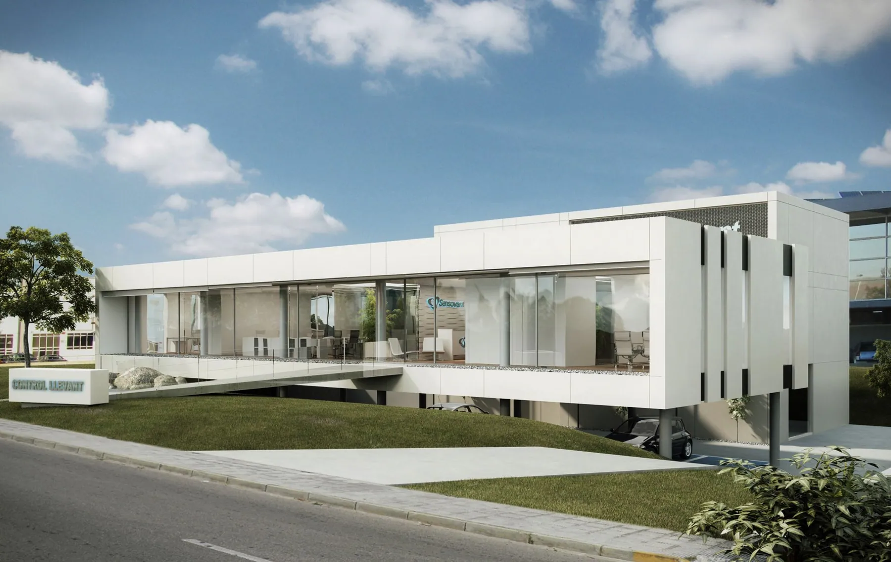 Render de edificio singular blanco sobre pilotis