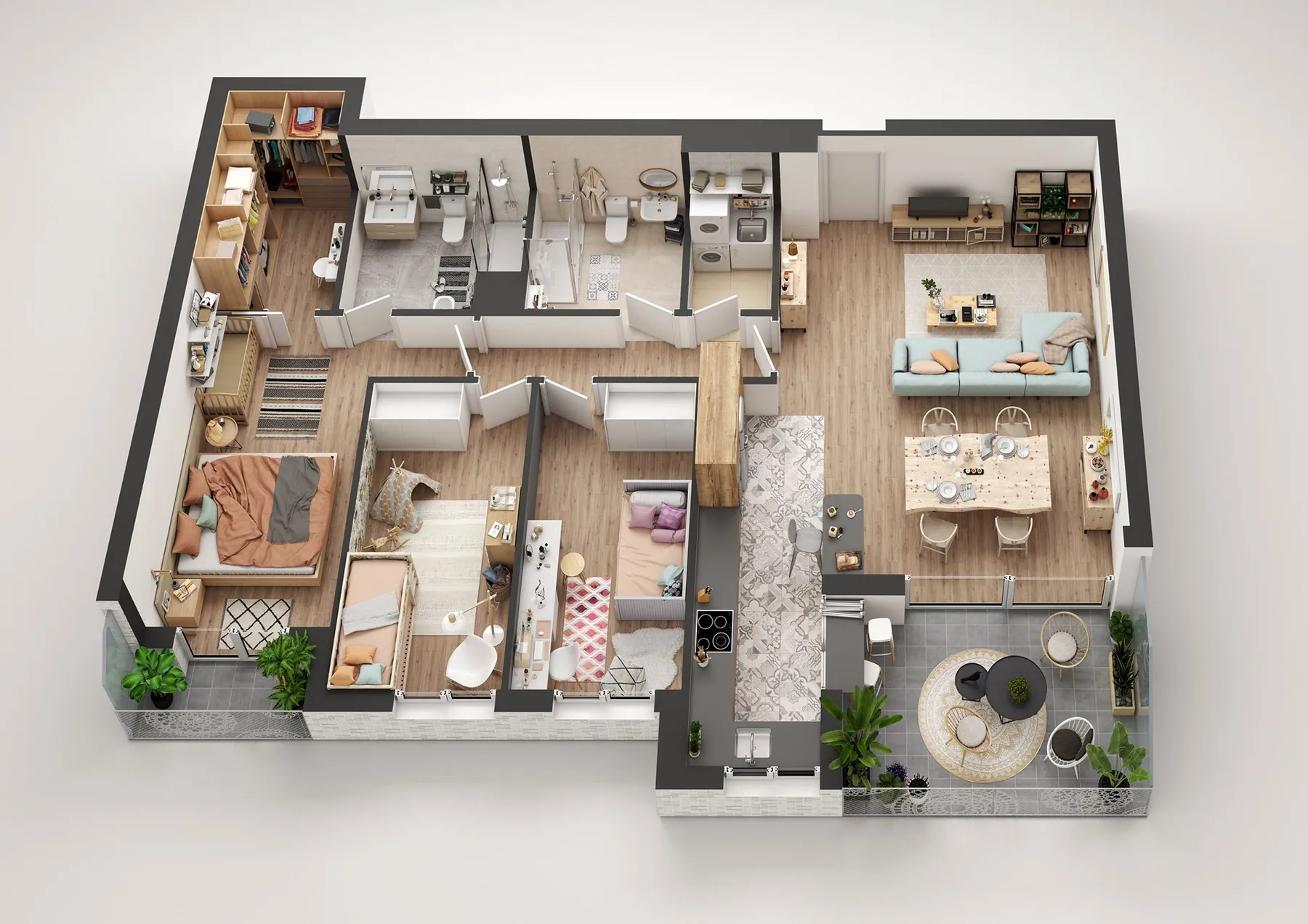 Planta 3D amueblada de una vivienda