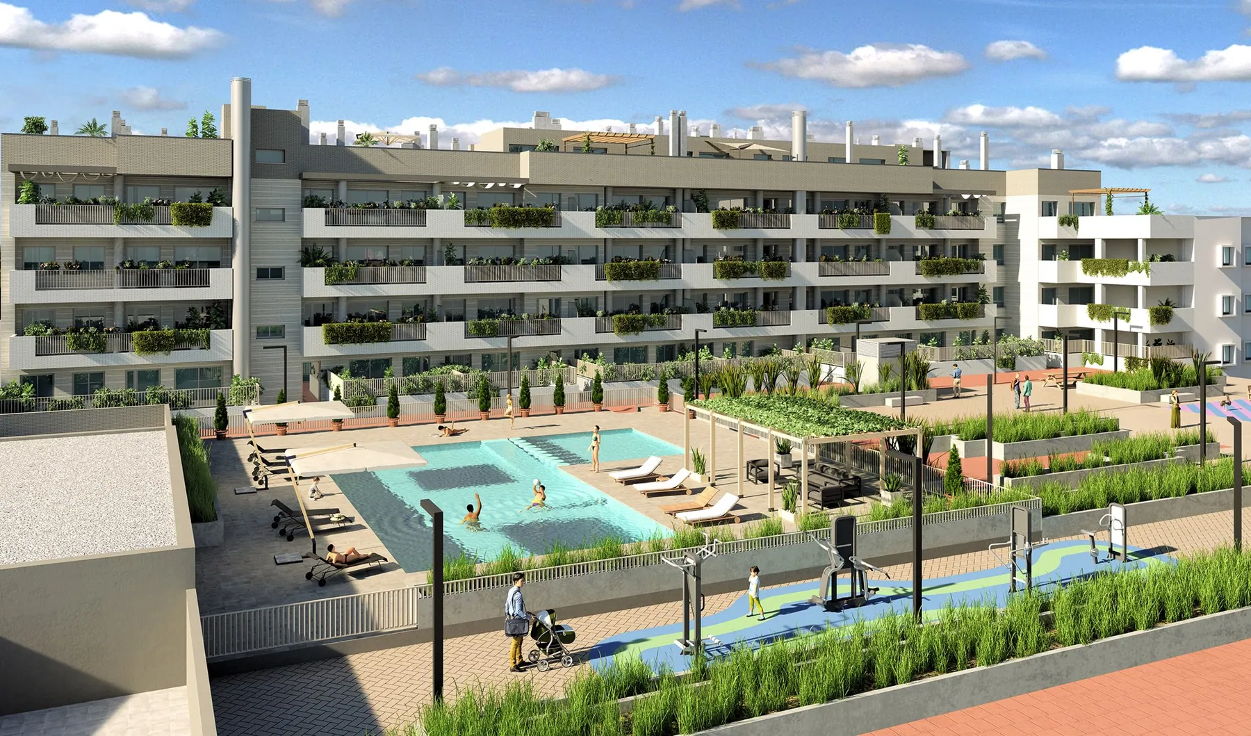 Render de promoción residencial con piscinas y zonas comunes
