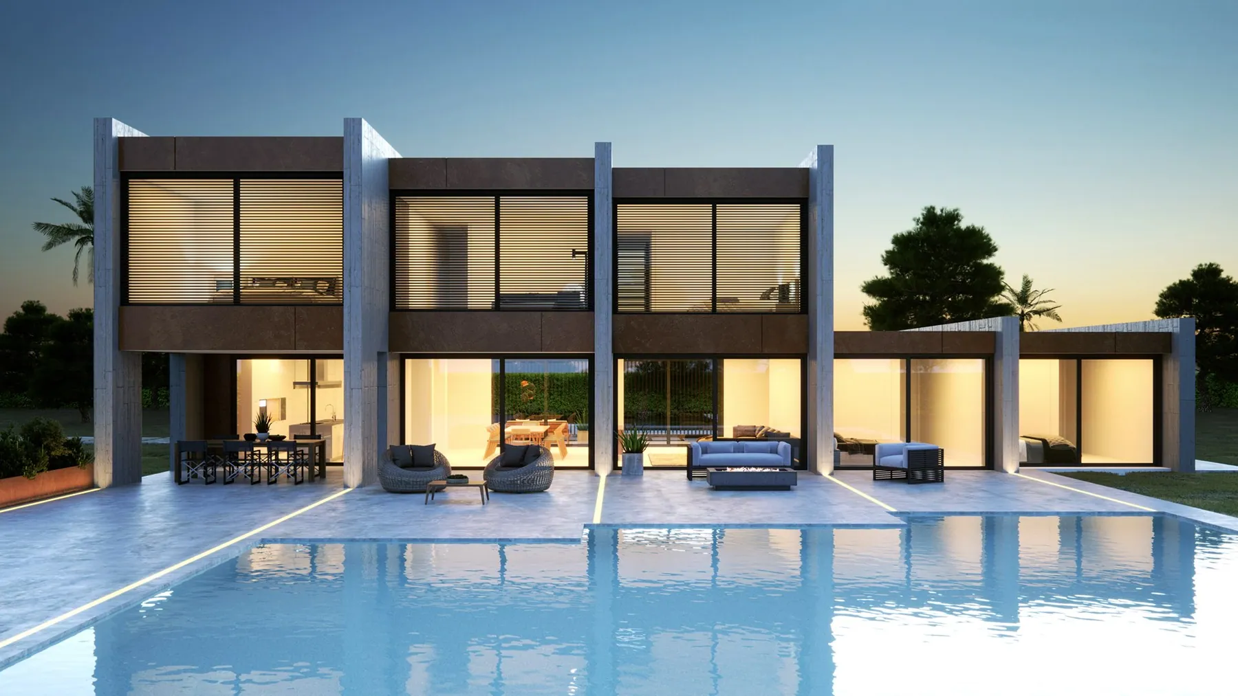 Render de adosados con piscina al atardecer