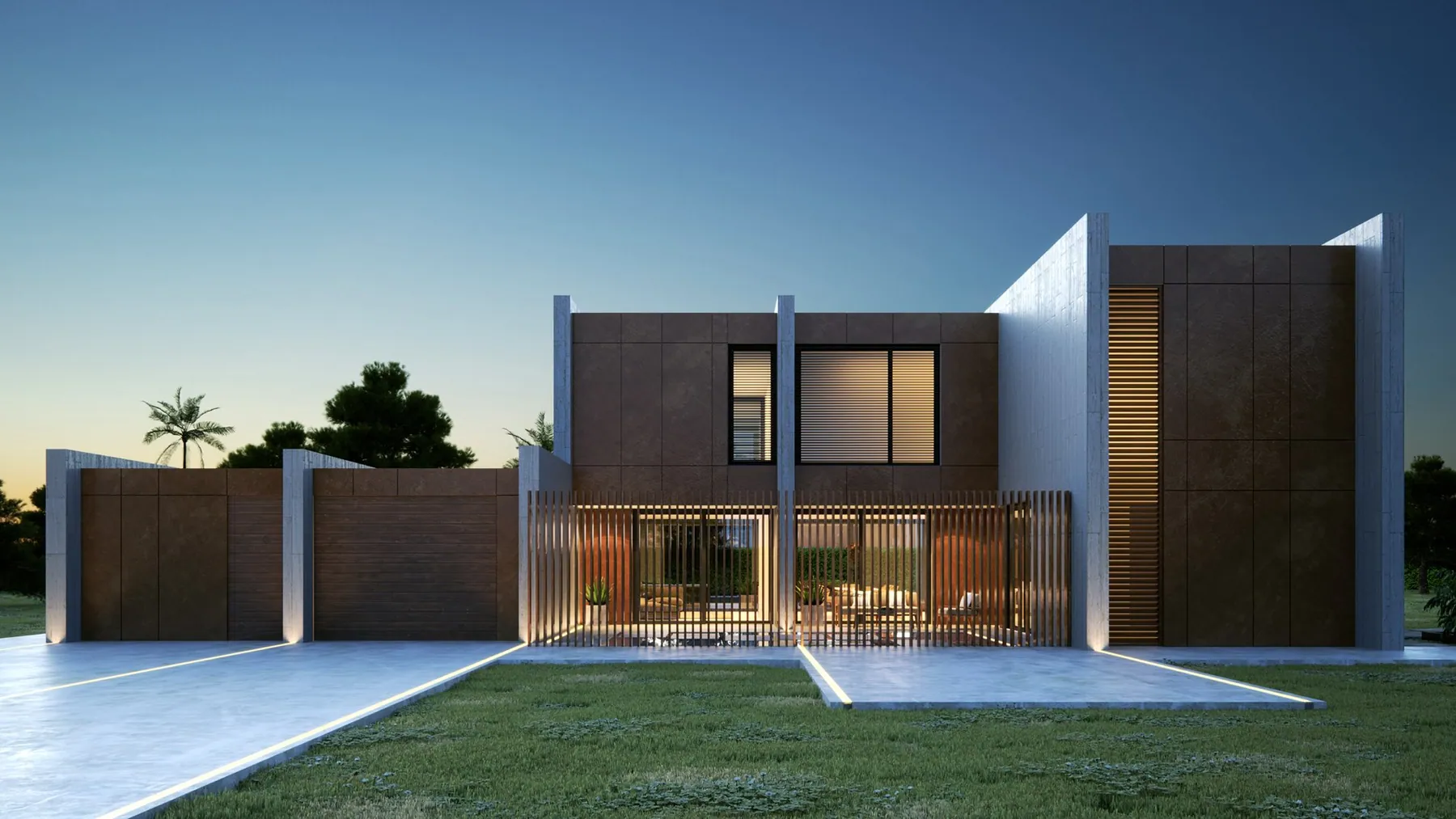 Render nocturno de vivienda unifamiliar con muros de hormigón y celosía