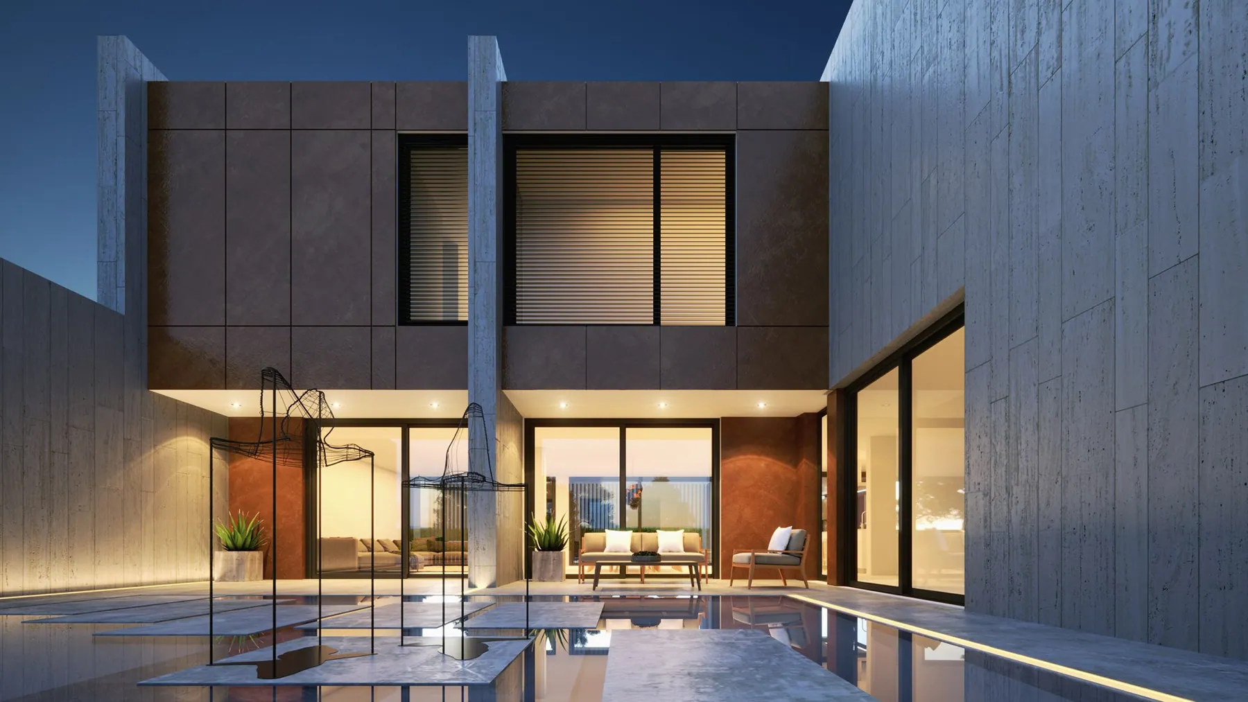 Render de patio de vivienda con muros de hormigón y piscina