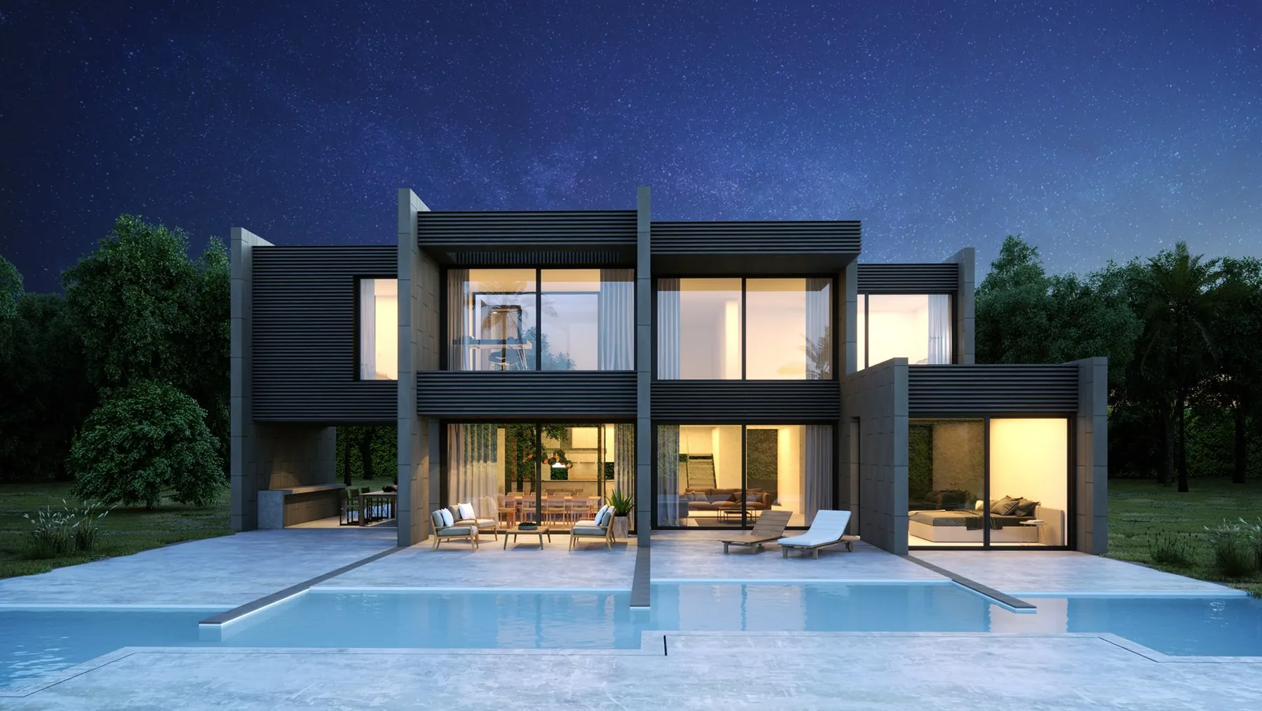 Render nocturno de vivienda unifamiliar con piscina