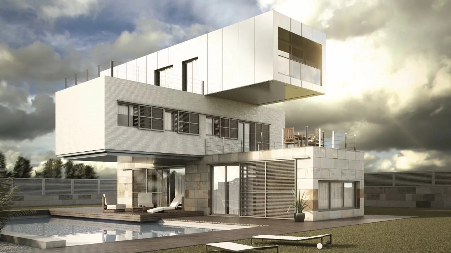 Render de vivienda moderna de volúmenes blancos con piscina