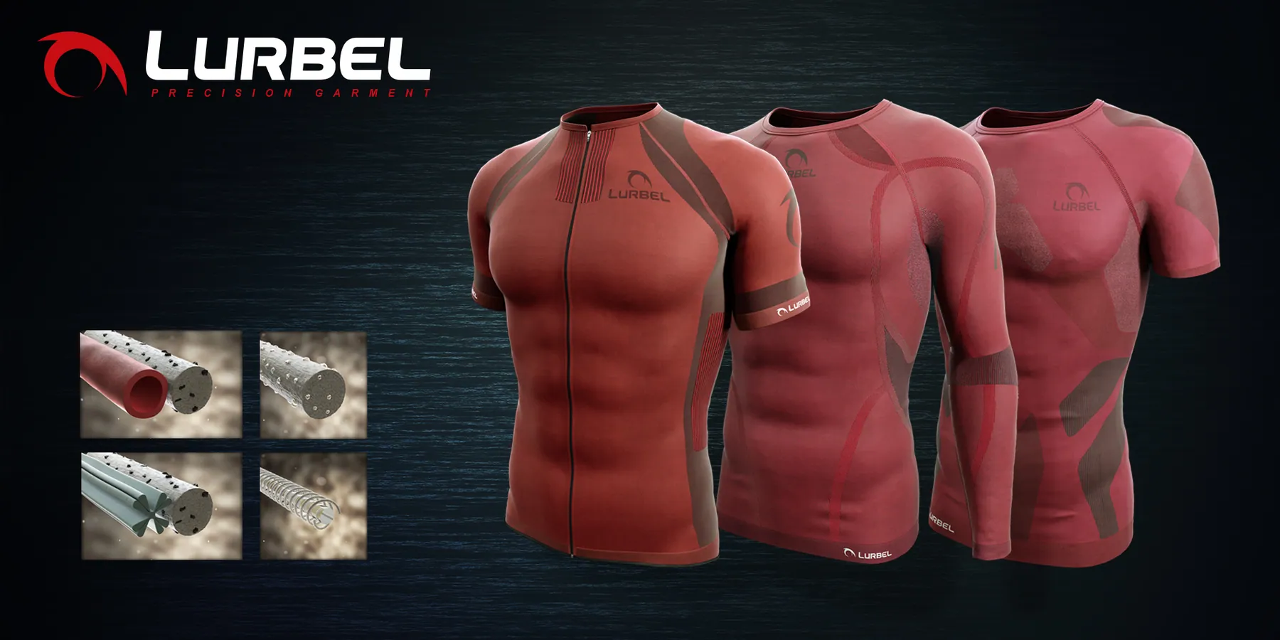 Render de camisetas técnicas rojas sobre fondo oscuro