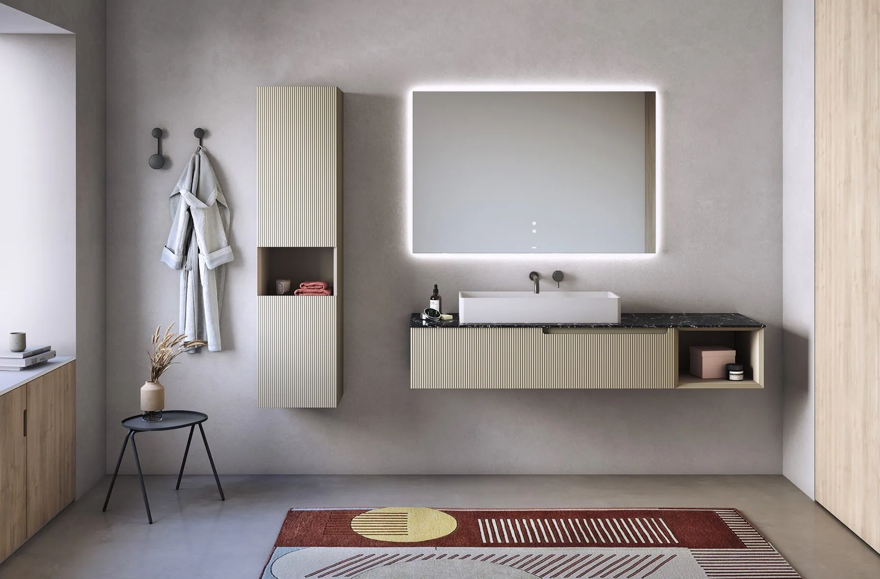 Render de lavabo y mobiliario de baño