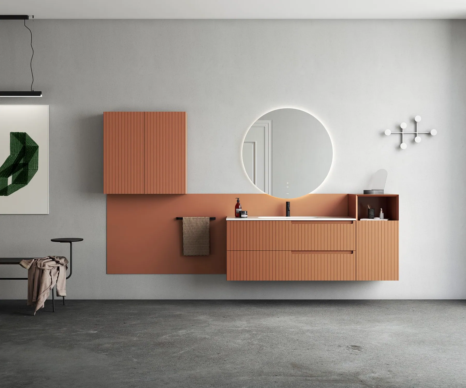 Render de lavabo y mobiliario de baño