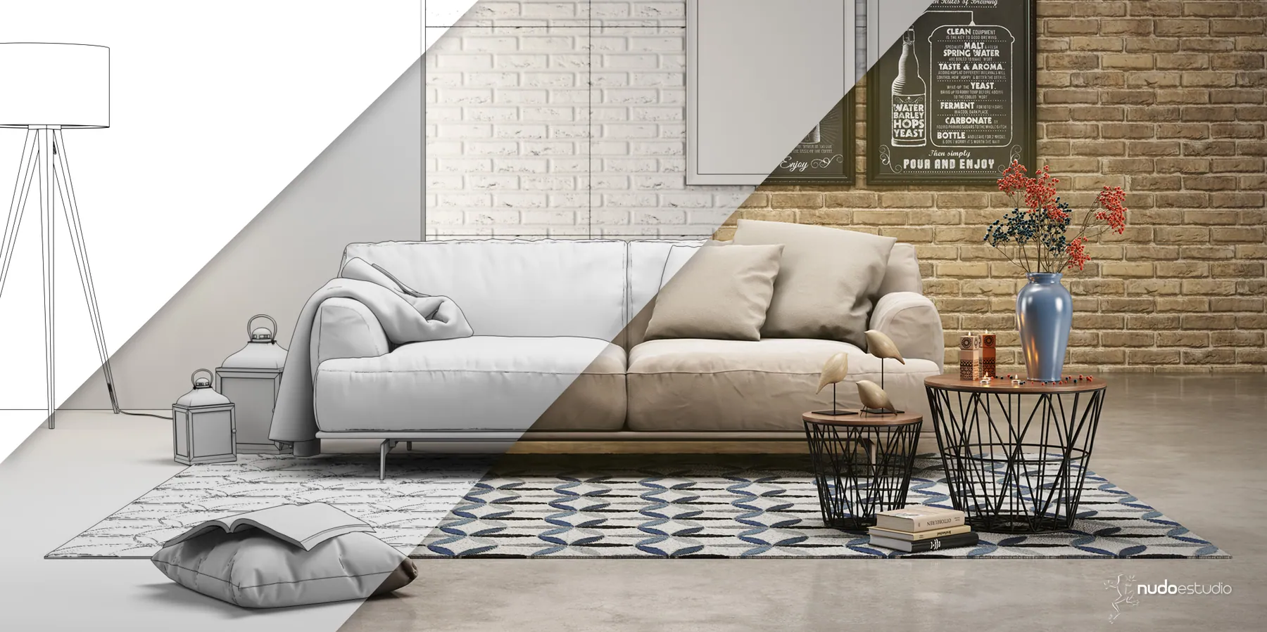 Salón en malla de modelado 3D y render final fotorrealista