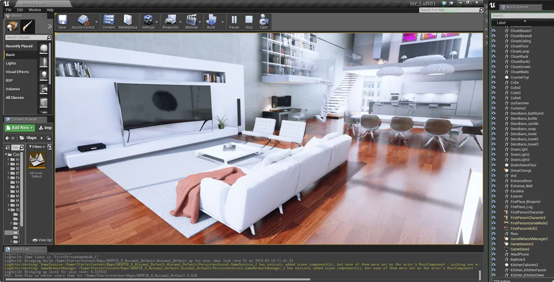 Escena de realidad virtual de un salón en tiempo real